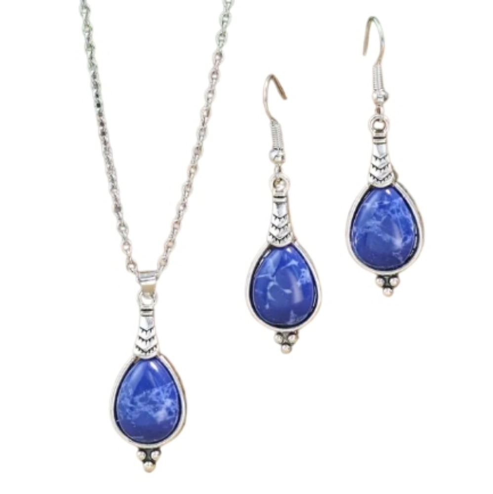 Blue Marbled Stone Earrings & Necklace  Set